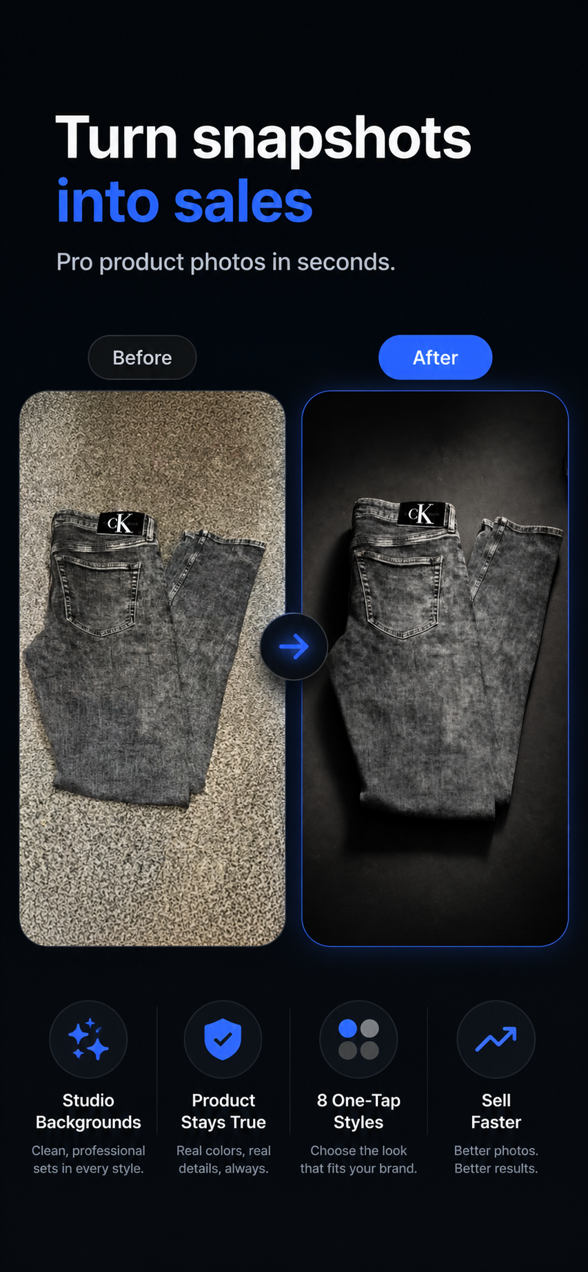 Before and after: plain photo transformed into a studio listing shot
