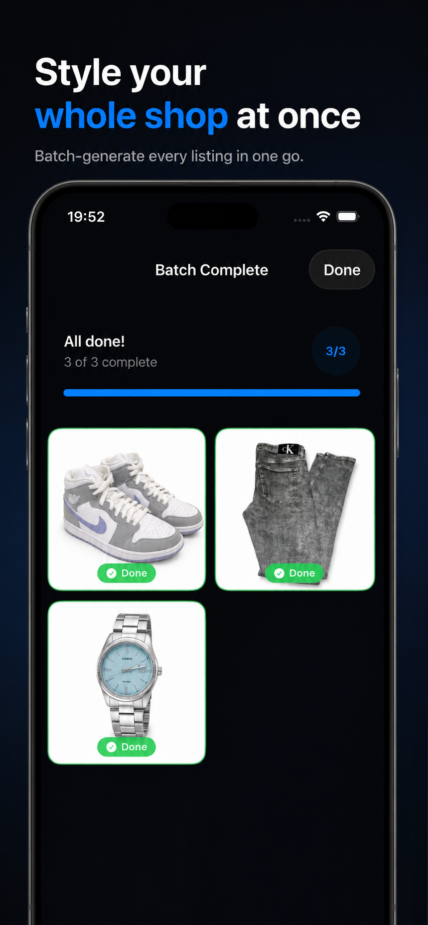 Batch mode — style your whole shop at once